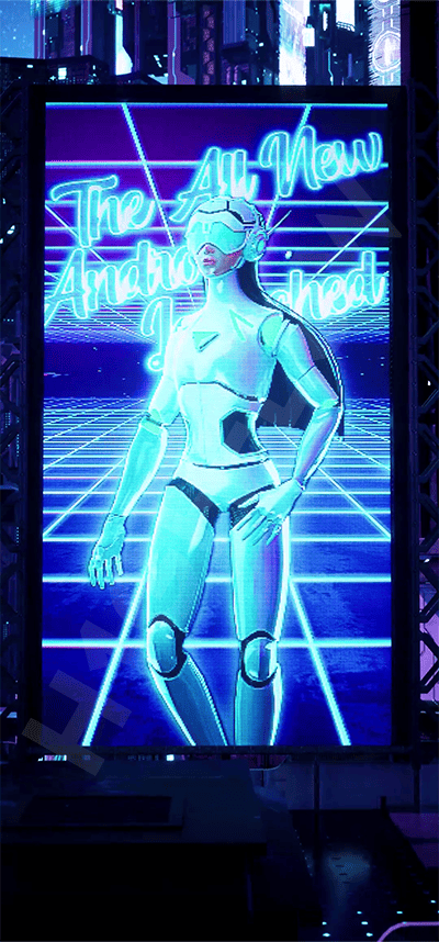 'The All New Android, Unleashed' 문구가 걸린 대형 홀로그램 광고판과 안드로이드 실루엣