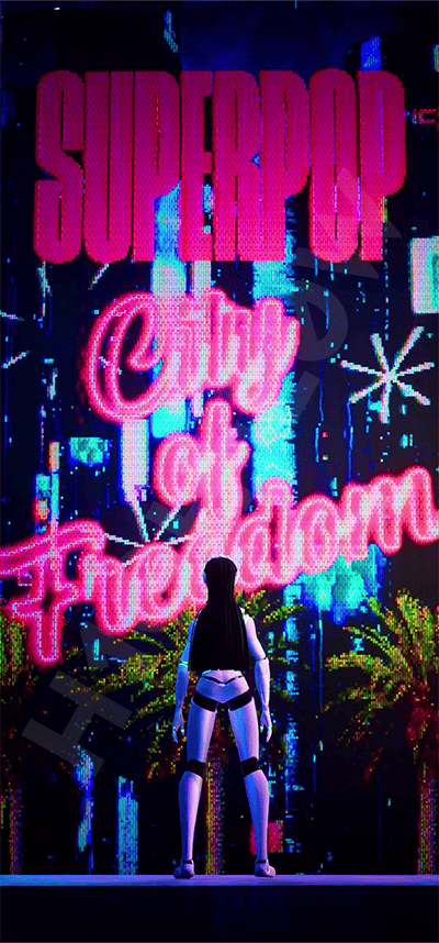 'SUPERPOP City of Freedom' 네온사인 아래 야자수와 도시를 바라보는 안드로이드 뒷모습