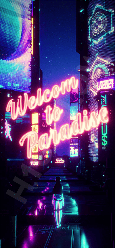 'Welcome to Paradise' 네온사인이 걸린 골목을 걷는 안드로이드 뒷모습